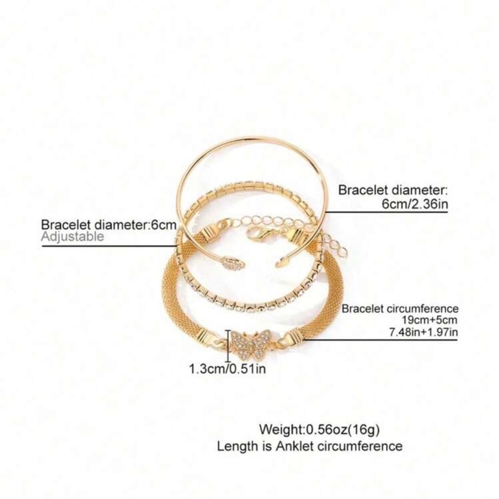 Set of 3 Gold Bracelets Women's Butterfly Crystal Style Tennis Heart Adjustable - Picture 4 of 9